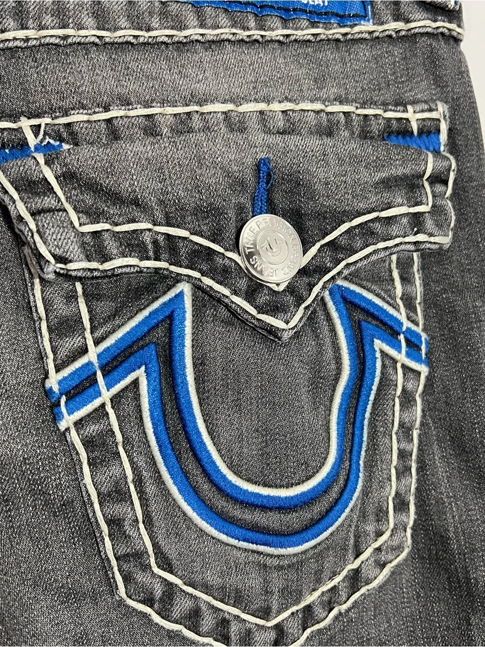 True Religion Rocco Relaxed Skinny Gray White Blue Jeans Mens Size 30